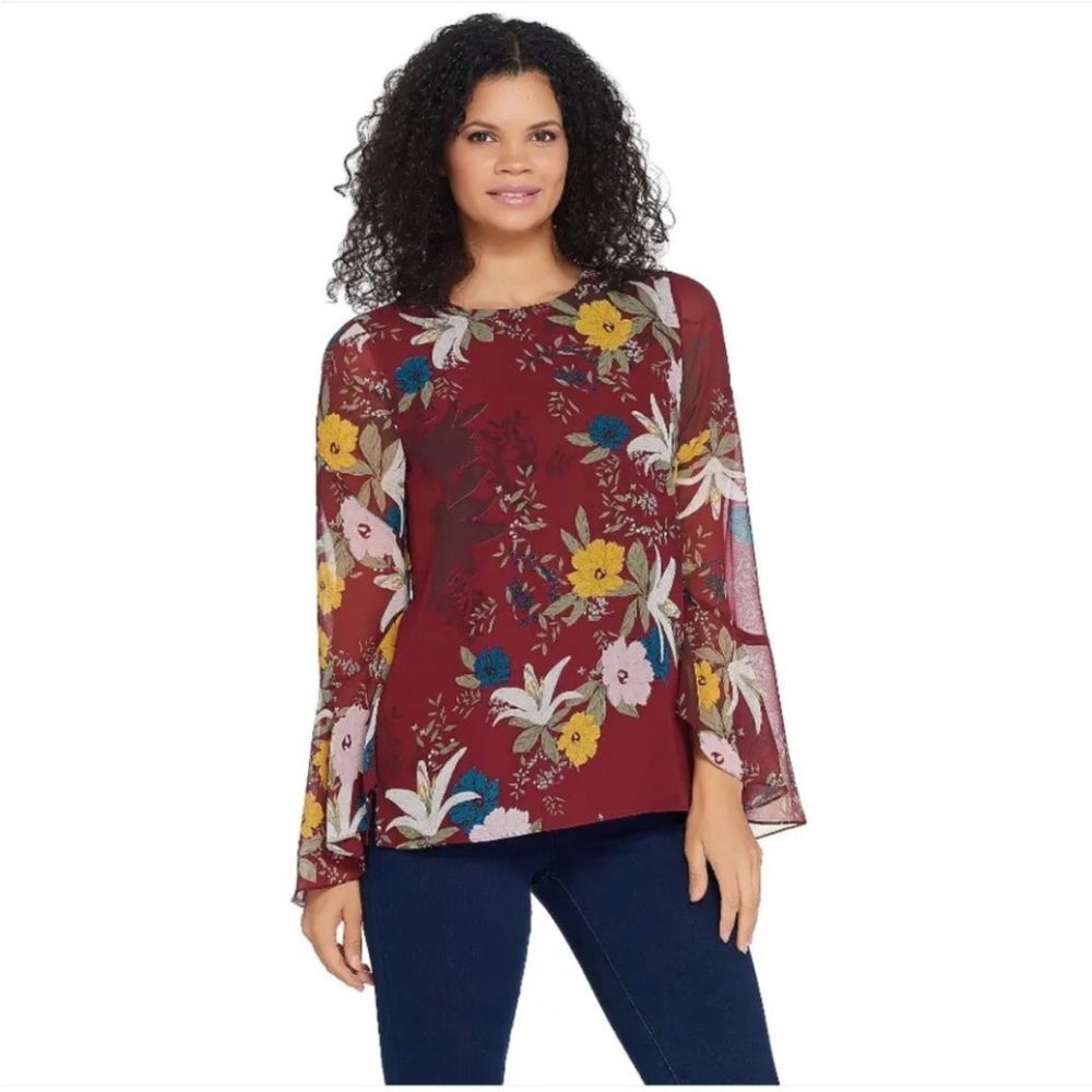 NEW Vince Camuto Floral Blouse Sheer Bell Sleeves Lined Size XXS Burgundy Maroon